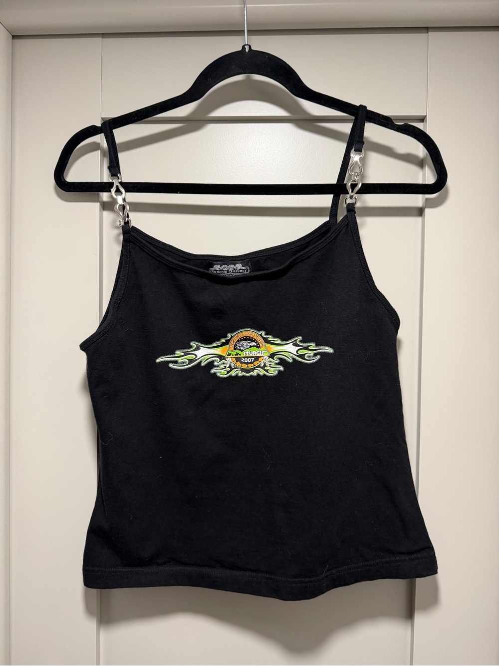 Vintage Sturgis 2007 logo Black Strap Tank Top with Green Flame Graphic